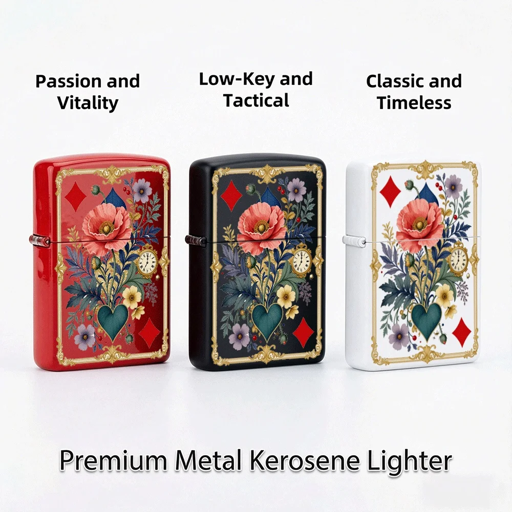 Vintage Ornate Style Flip Top Lighter, Playing Card Floral Pocket Watch Art Print, For Collection Daily Use