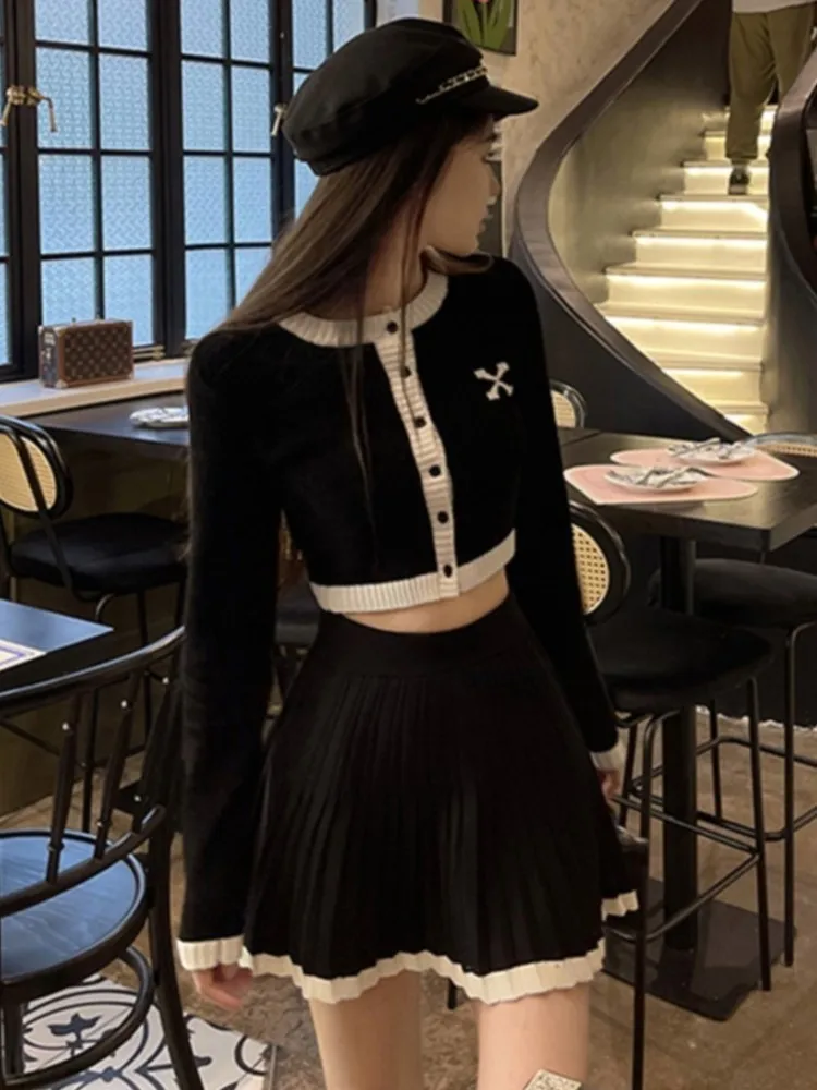 Autumn Hight Waist Skirt 2 Piece Suit Korean Chic Patchwork Knitted Outfits Y2k Short Jumper Pleats Mini Skirt Set Women New