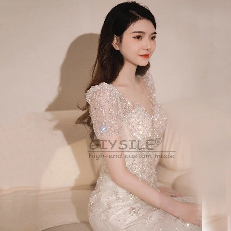 

GIYSILE customized Fishtail light wedding dress skirt trailing V-neck short sleeve 2025 new temperament super fairy out yarn