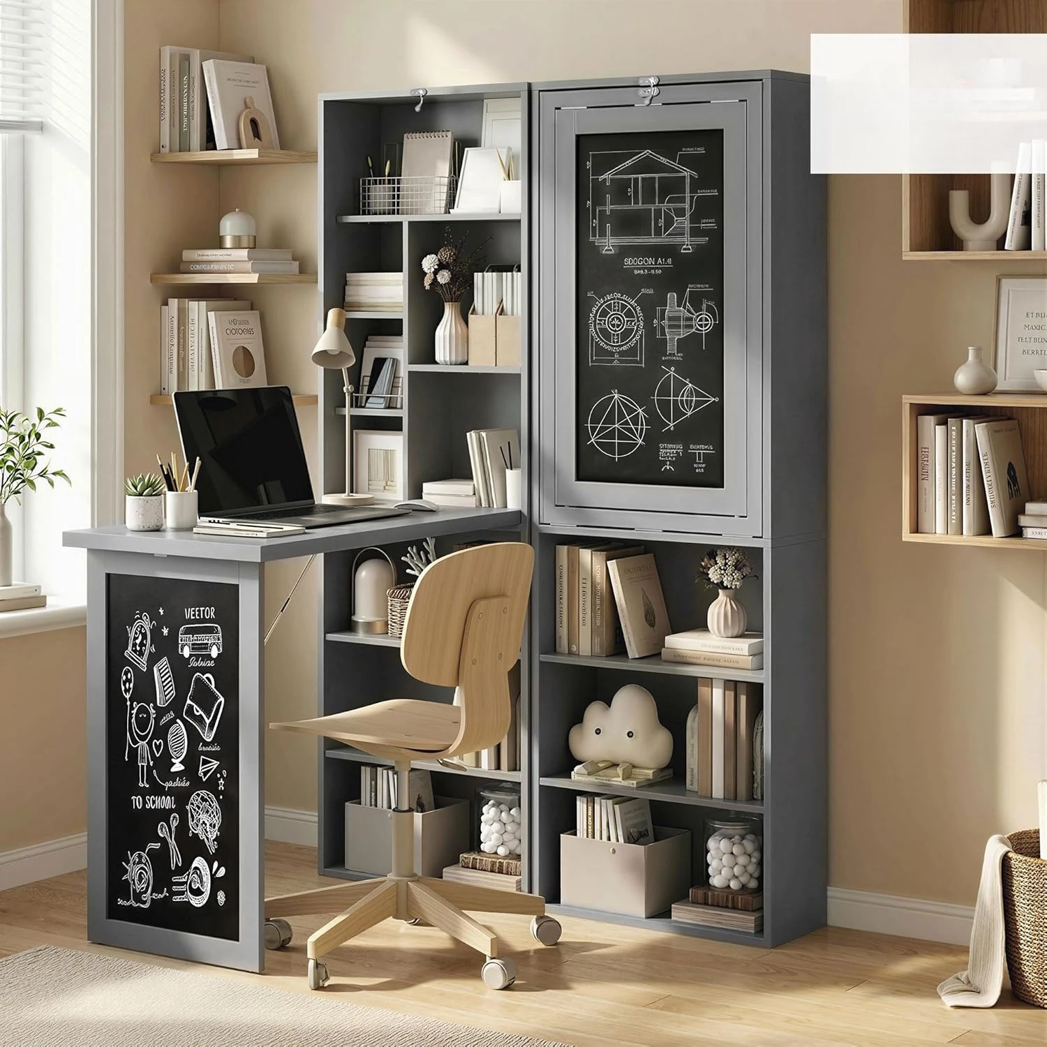 o*-Fold-Out Convertible Writing Table, Computer Desk with Blackboard and Side Shelf Multi-Function Office Workstation,