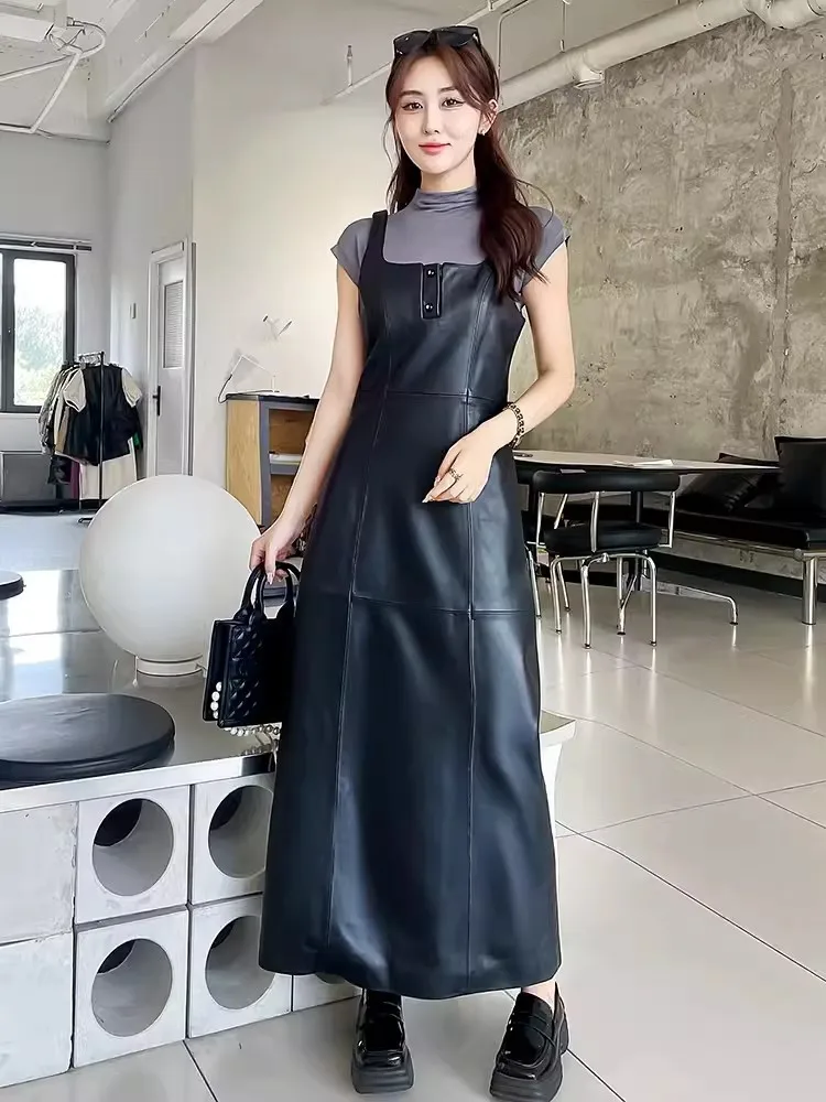 New Sleeveless Genuine Leather Dress Women High Waist Slim Fit Elegant Tank Dresses Lady Black Real Sheepskin Strap Long Dress