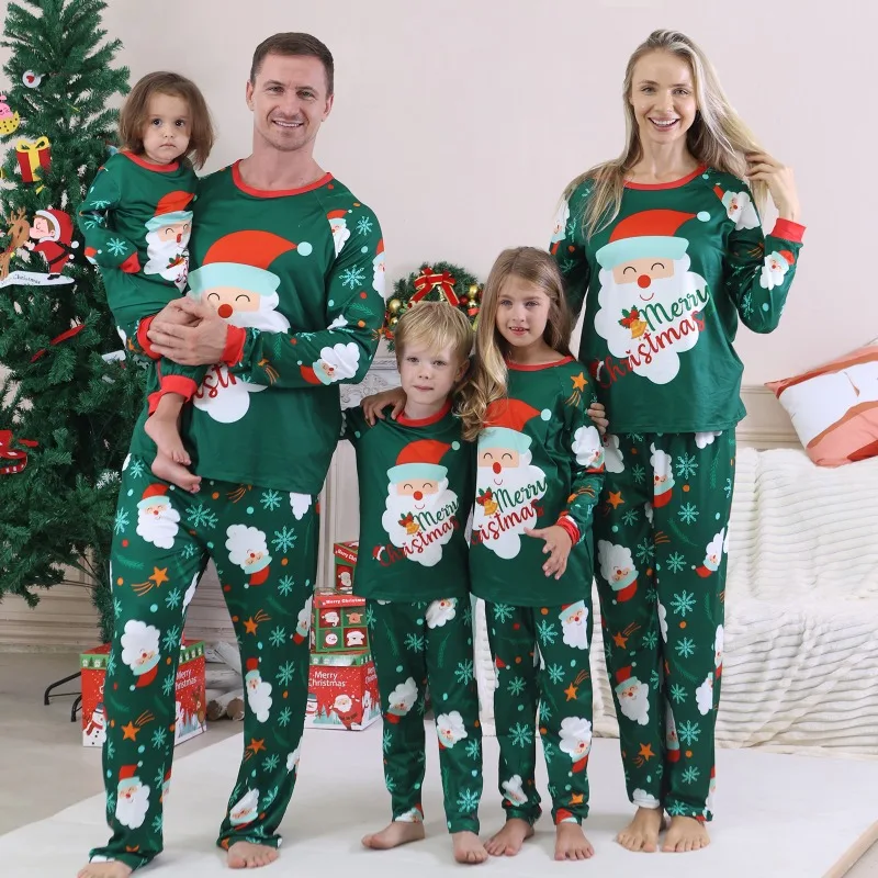 

2025 Christmas Parent-child Clothing Cartoon Print Father Mother and Child Family Loungewear Long-sleeved Christmas Pajamas Set