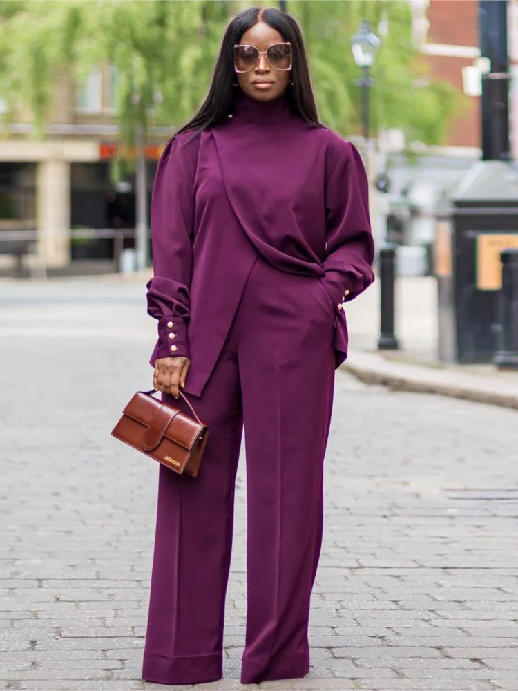 

Autumn 2 Piece Set Women Casual Irregular Split High Neck Top High Waist Wide Leg Pantalones Elegant Solid Ropa De Mujer Outfits