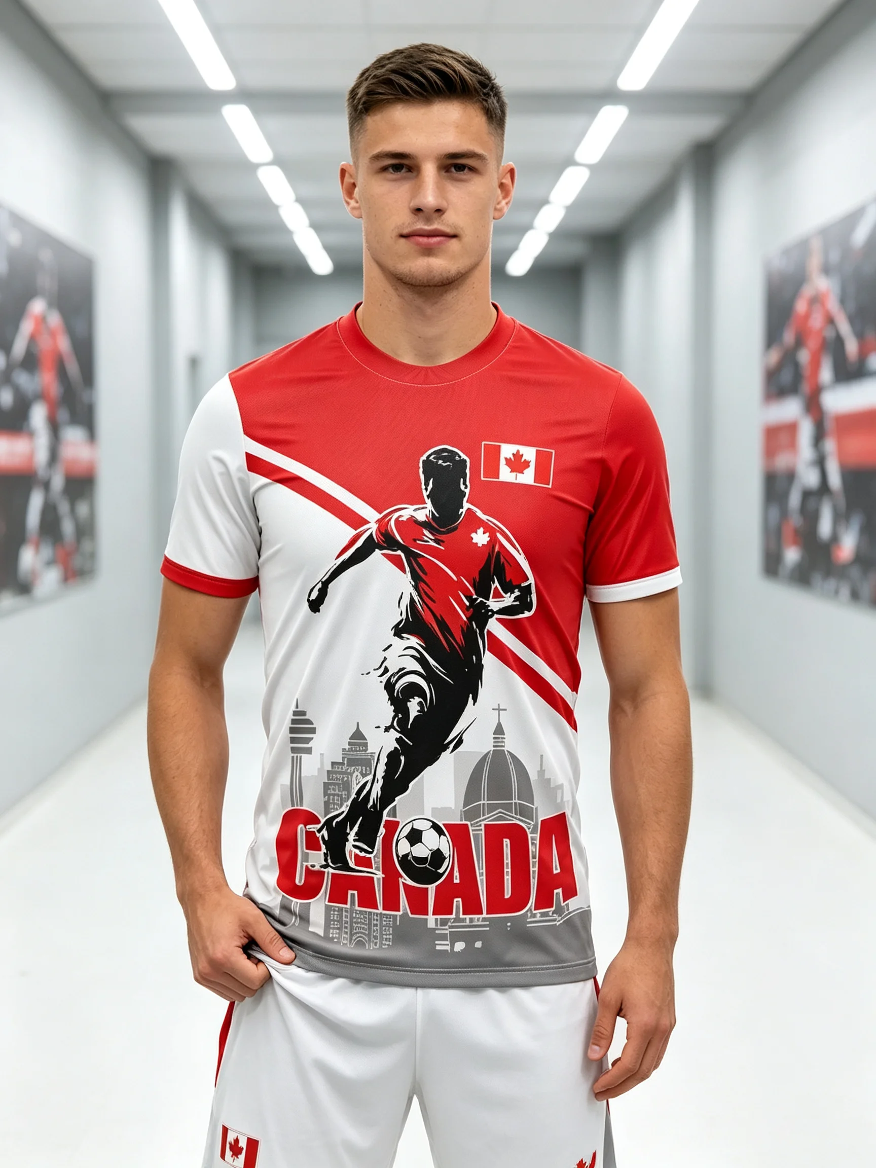 Canada soccer jersey,red‑white diagonal splice,running player silhouette,city print,quick‑dry,multiple collar styles