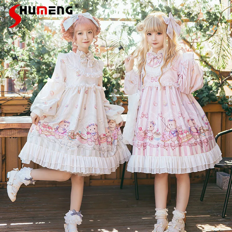 

Original Lolita Cute Bow White Dress for Women Vintage Sweet Clothing Cute Op Side Clip Long Sleeve Birthday Dresses Female