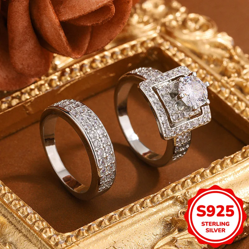 

Elegant and authentic S925 sterling silver square full diamond couple ring set for women engagement gift jewelry