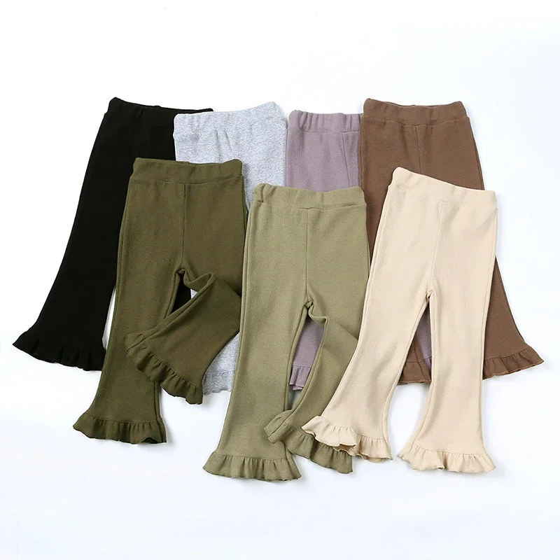 Summer 2026 Kids Tales Baby Girls Vintage Stripe Elastic Slim Flare Pants Leggings High Waist Blank Ruffle Pants Girls Clothing