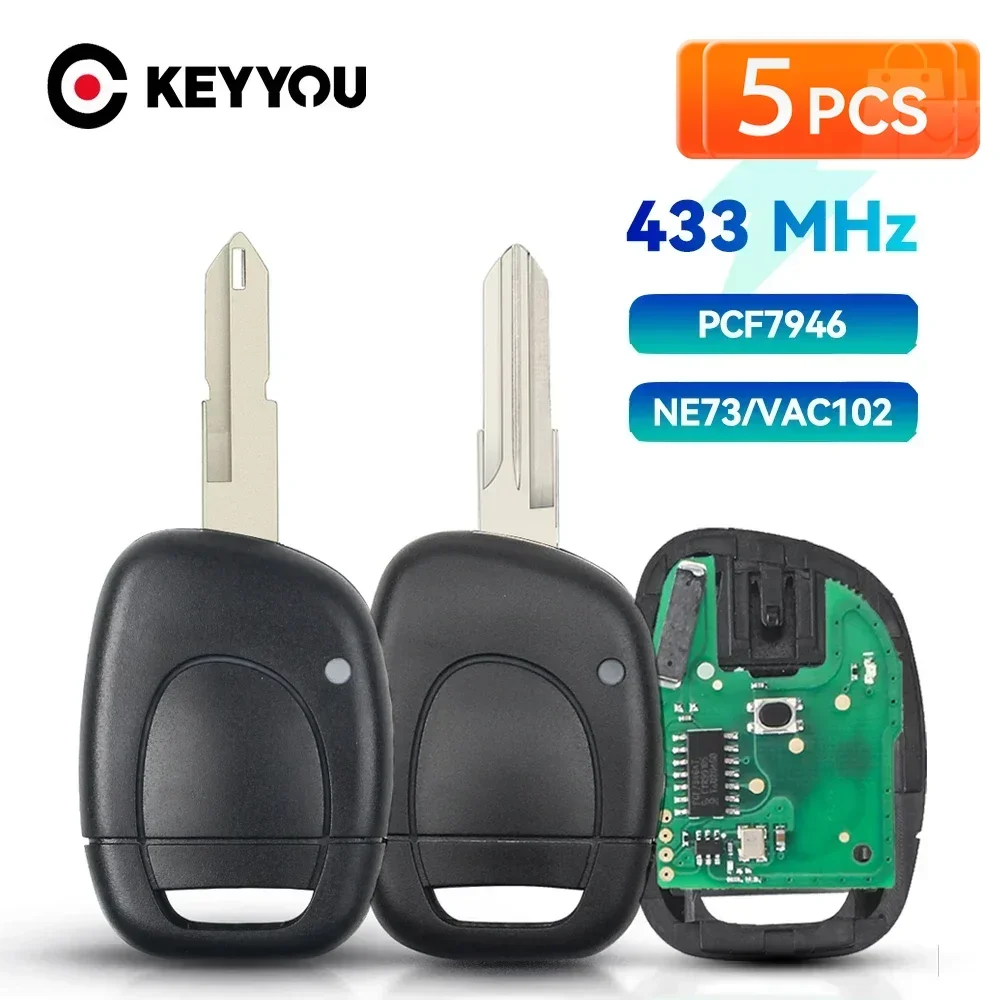 KEYYOU 5Pcs With Battery Original ID46 PCF7946 433MHz NE73/VAC102 Blade Car Remote Key For Renault Master Twingo Clio II Kangoo