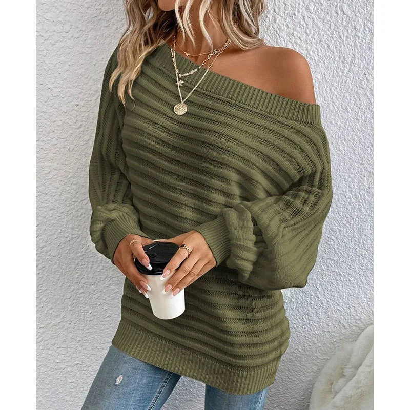 

2025 New Fashion Off-shoulder Knitted Sweater Women Autumn Casual Loose Solid Color Bat Sleeve Long Sleeve Top For Women