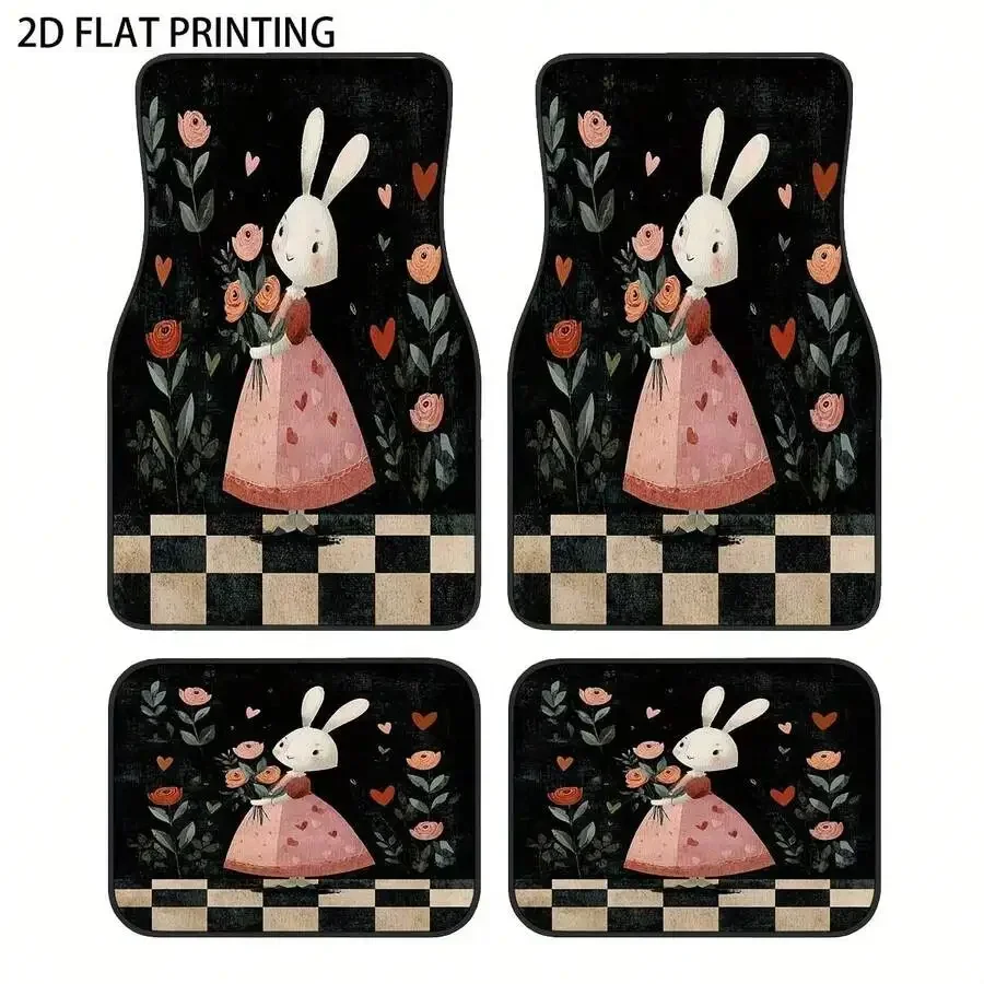 4-Piece Car Floor Mats With Floral Rabbit Print Checkered Design Universal Durable Interior Accessories