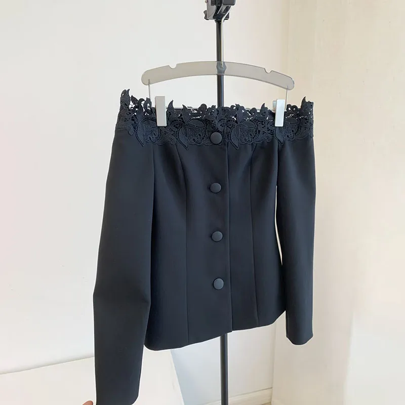2026, New Design, Women's V-Neck Black Lace Embroidered Suit Set, Long-Sleeved A-Line Blouse, High-Quality Skirt, Y2K, Coat