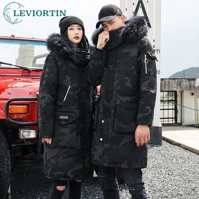 Korean Style Winter Long Parka Coat Men Woman Down Jacket Clothing Hooded Fur Collar Thicken Warm Leisure Lovers Overcoat