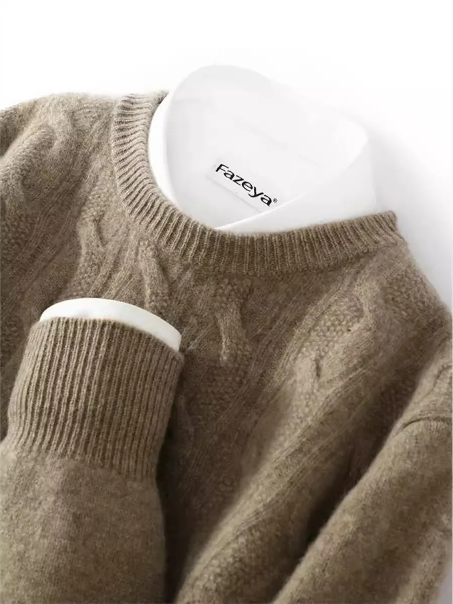 

Зимний утепленный шерстяной вязаный свитер свободного кроя с круглым вырезом и узором «косы», мужской модный деловой топ с длинными рукавами