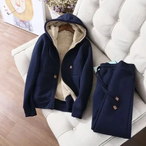 Conjunto de 2 peças de moletons de veludo para mulheres, capuz com zíper, moletons e calças com cordão, streetwear coreano, além de outono e inverno