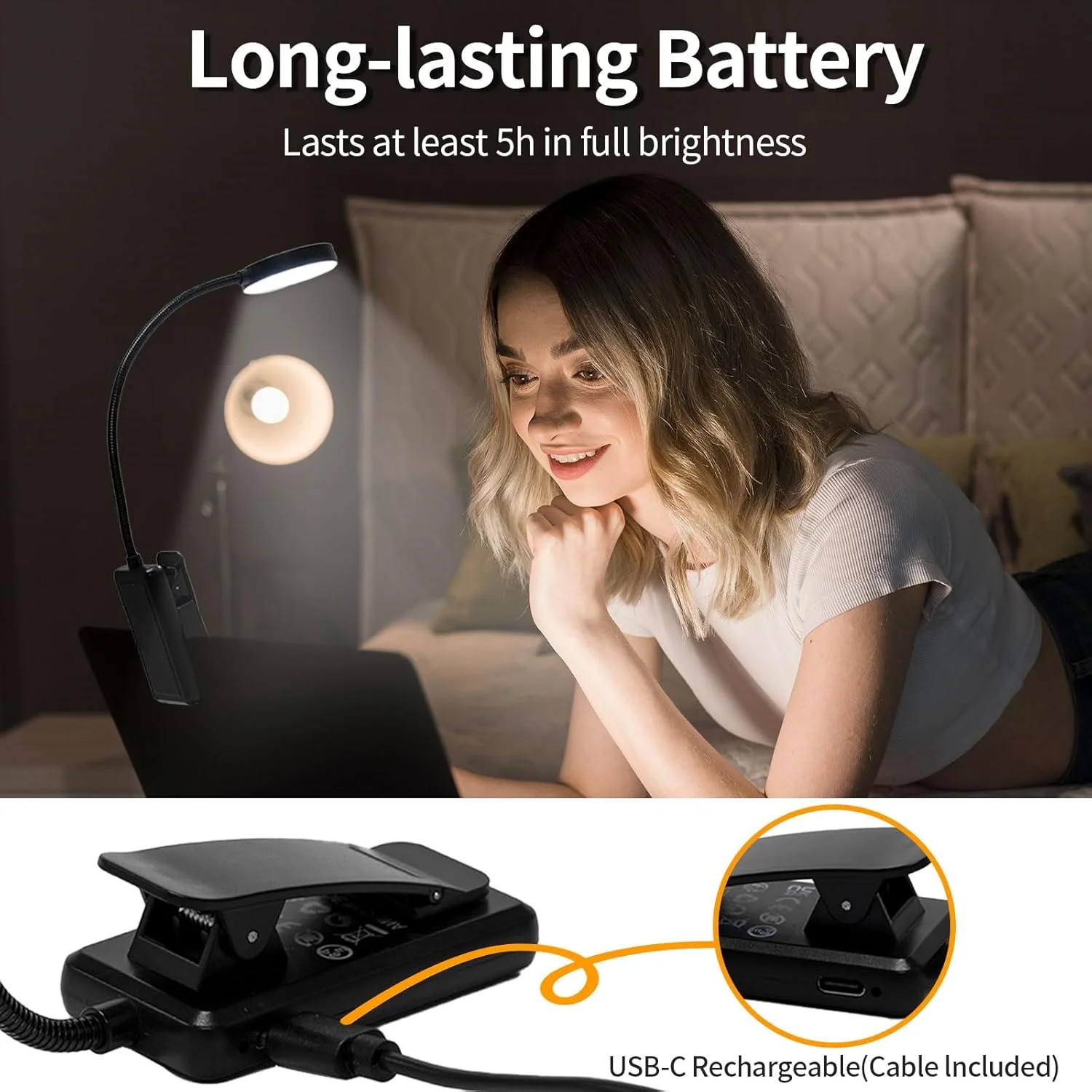 Lampu Buku USB Isi Ulang Lampu Baca Hangat Dingin Putih Siang Hari Portabel Fleksibel Klip Mudah Lampu Baca Malam