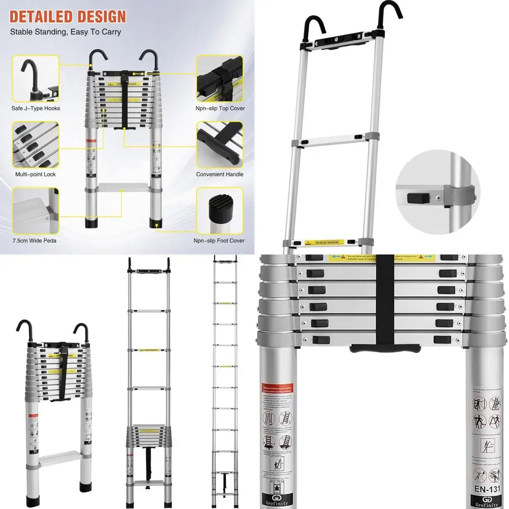 

15-Foot Telescoping Aluminum Ladder with Hooks, 400 lbs Capacity, Non-Slip for Home, RV, Attic, and Roof