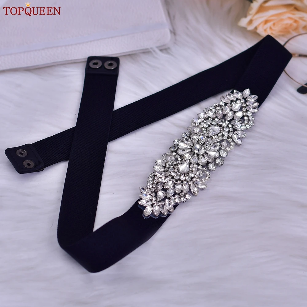 TOPQUEEN Black High Elastic Belt Women Luxury Silver Rhinestone Sparkly Waistband for Female Dresses Coat Shirt All-match S446-B