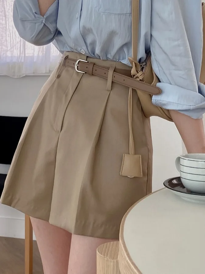 

Khaki High Waist Wide Leg Casual Pants Women Summer New Sle Loose Belt A-Line orts Outerwear Comfortable Korean Version