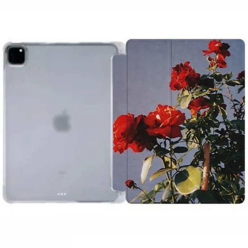 Red Rose Print Pen Slot Tablet Case For iPad 2026 Air 8 7 6 4 3 2 1 Pro 2024 11in 12th 11 10 9 8 7 6 5th Cover