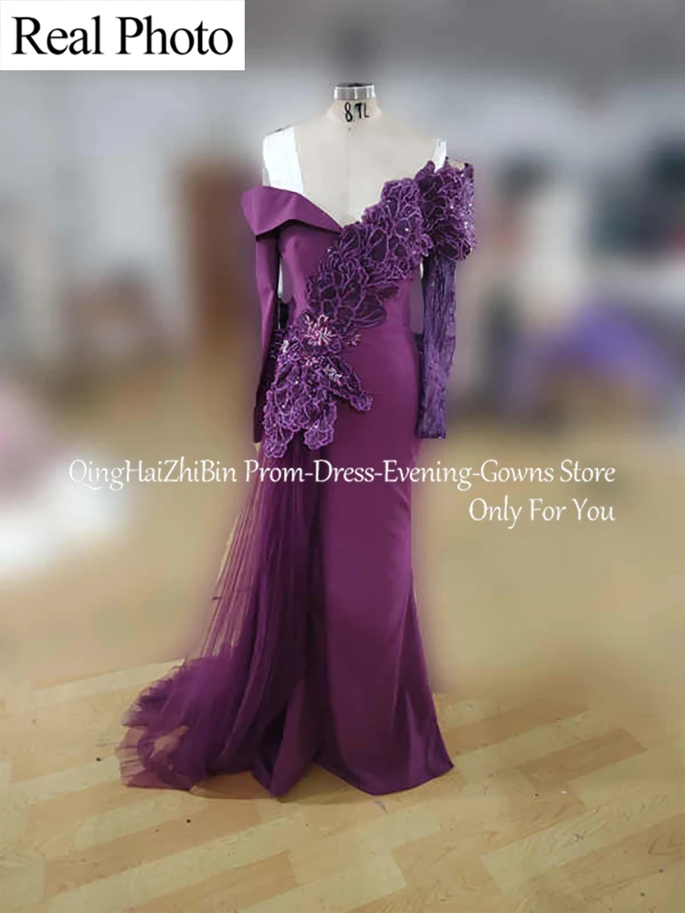 Vestidos de fiesta con cuentas de encaje de sirena púrpura, vestidos formales de noche para fiesta y compromiso