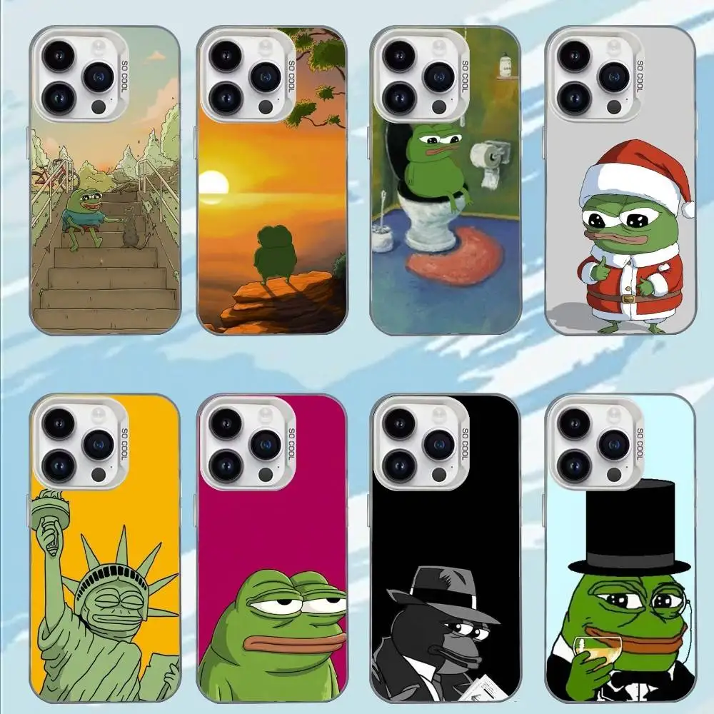 P-Pepe la coque de téléphone drôle grenouille pour iPhone 17,16,15,14,13,12,11,Mini,Pro,E,MAX blanc mat housse antichoc