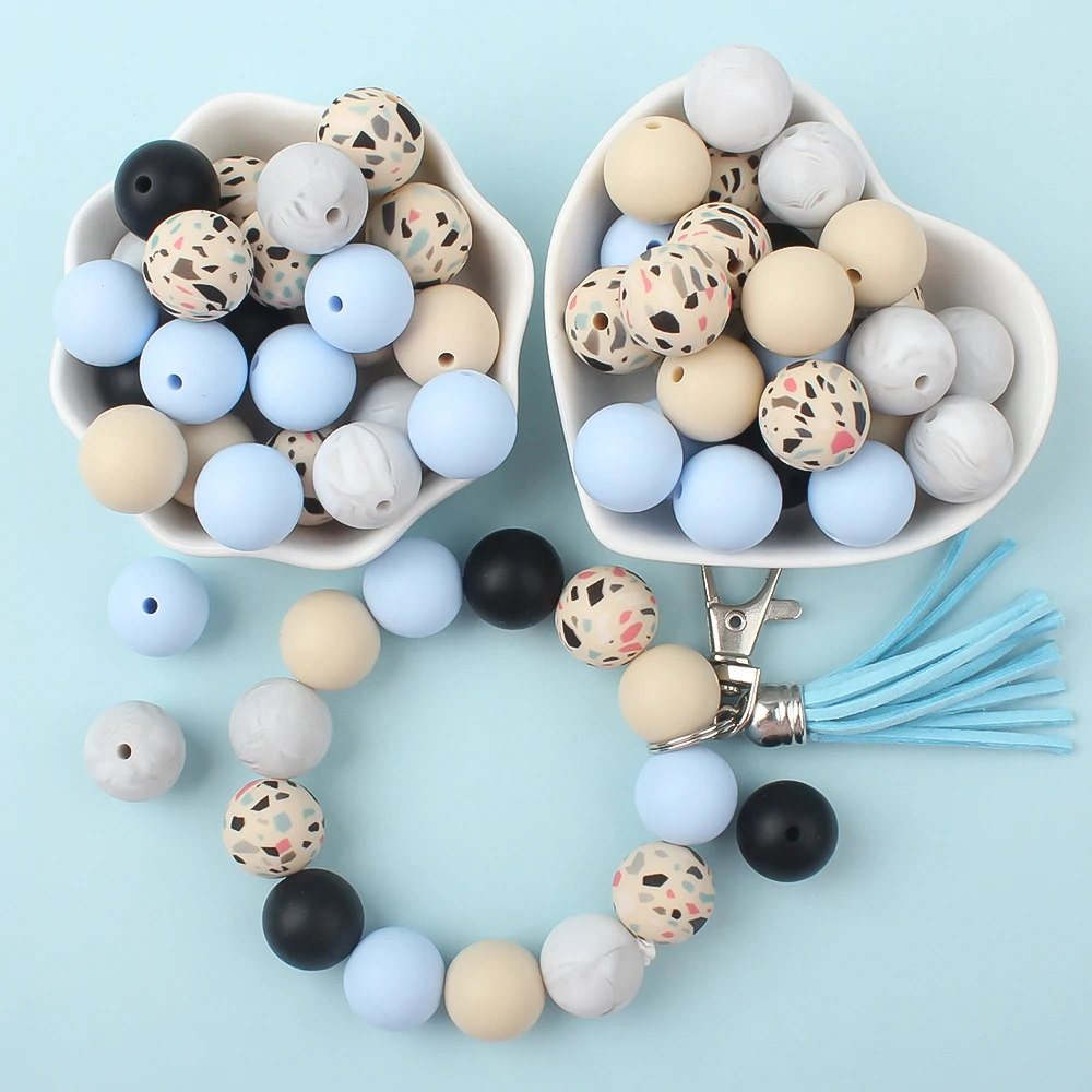 30Pcs/Set 12mm 15mm Silicone Beads Mix Printed Round Focal Beads For Jewelry Making DIY KeyChain Pen Necklace Accessories