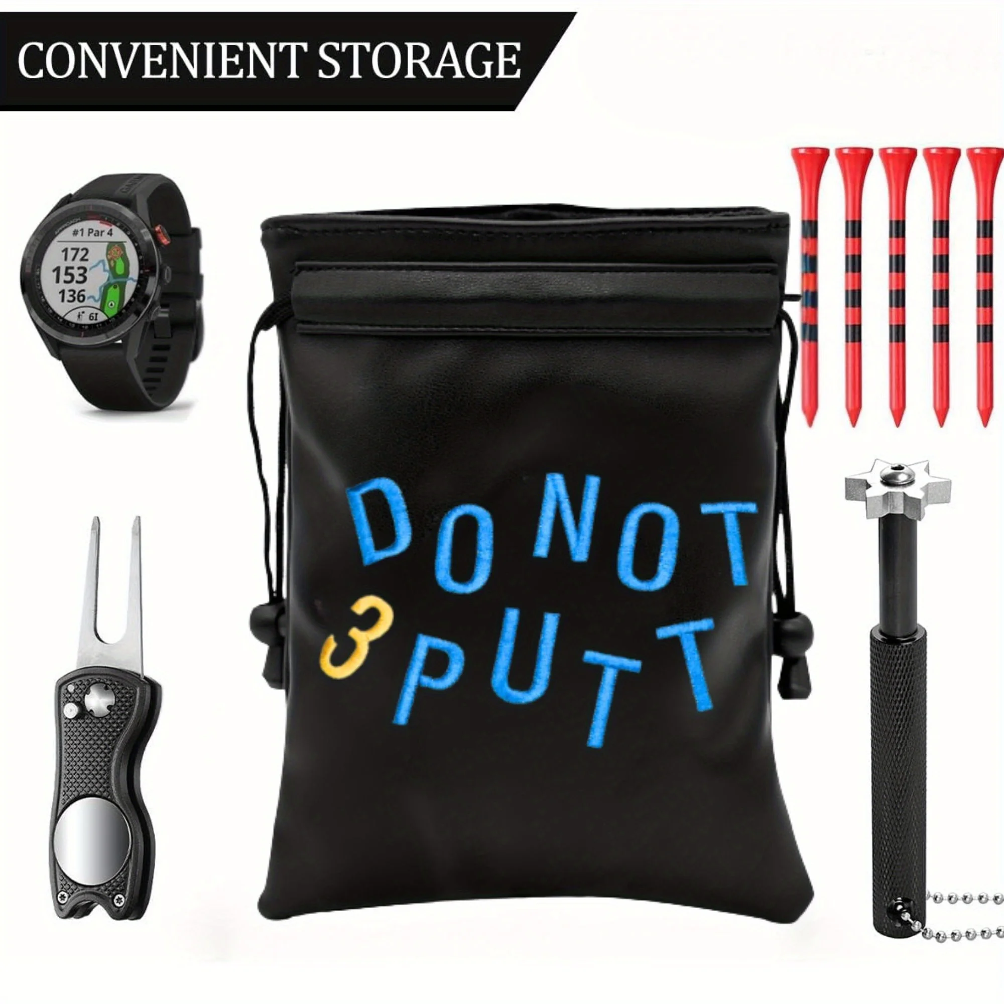 

Golf Ball & Valuables Storage Bag Black Drawstring Pouch with Bold Blue/Yellow DON'T PUTT Design Durable Portable Organizer