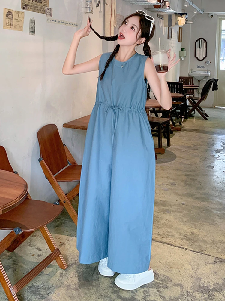 LANMREM Fashion Wide Leg Jumpsuit Women O-neck Sleeveless Soldi Color Drawstring Gathered Waist Jumpsuits 2024 Summer New 2Z2214