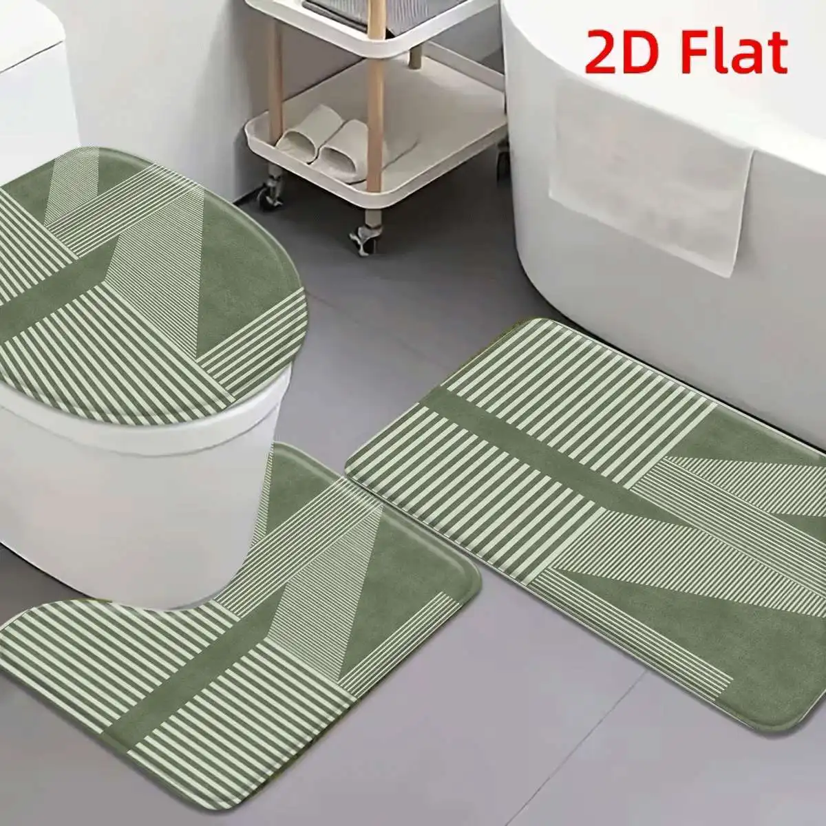 3Pcs Sage Green Geometric Stripe Bath Mat Non Slip Absorbent Toilet Rug with Lid Cover for Bathroom Washable Flannel Base