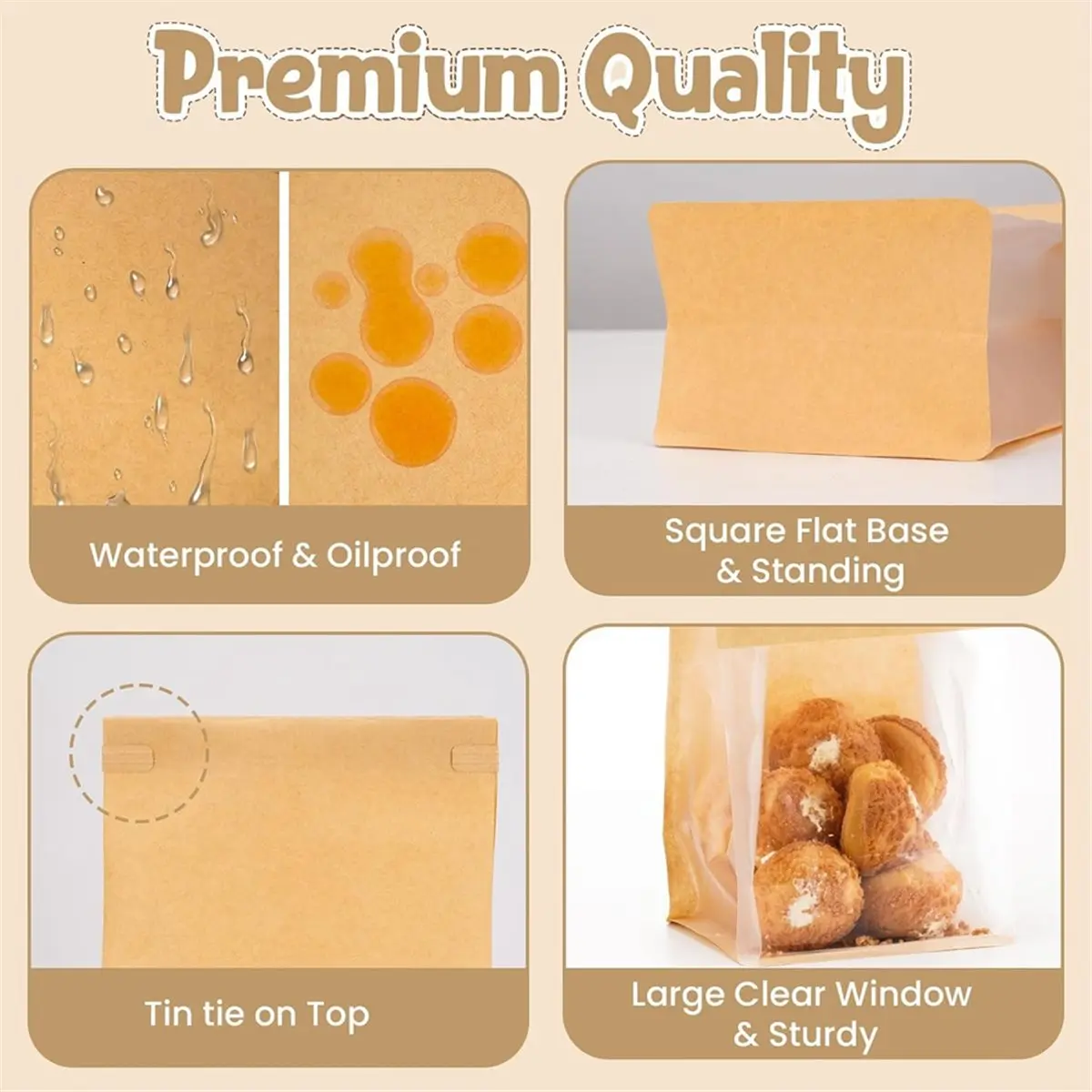 Bread & Cookie Bags with Tin Tie Seal, 50 Pack Bakery Bags with Window for Pastry Bagels Treats Cookies Brown Large