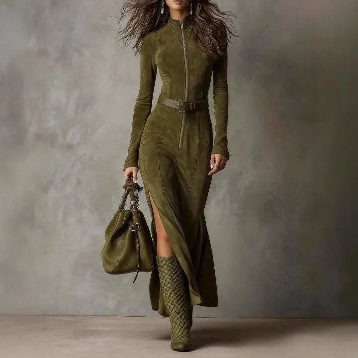 YAMBABEL 보헤미안 카우보이 시크 드레스 여성 패션 긴 소매 사이드 슬릿 지퍼 프론트 가을 겨울