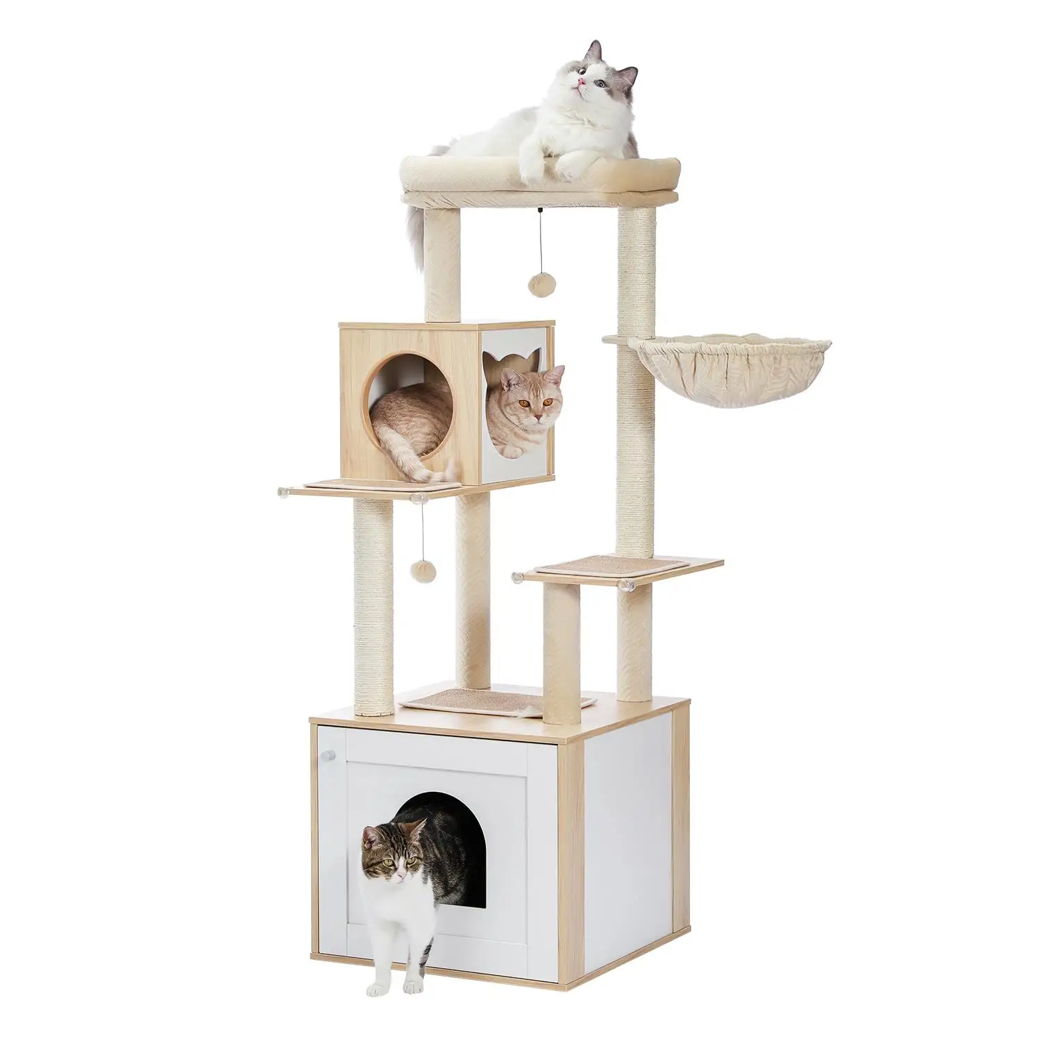 56.7” Cat Tree with Litter Box & Cozy Condo, Storage Cabinet, Scratching Post & Replaceable Balls - Beige for