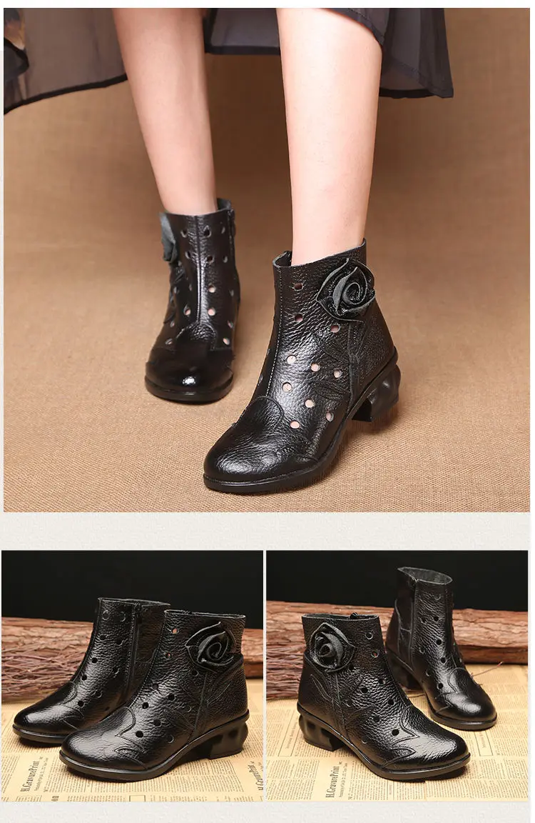 Neue Handgemachte Rindsleder Boot Damen Vintage Hohl Schuhe Frau Original Marke Stiefeletten Frauen Herbst Niedrigen Ferse Pelz Booties – Detail 19