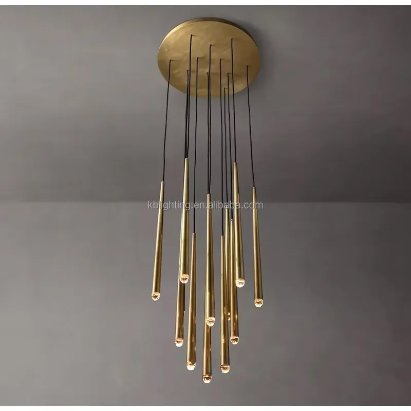 Custom Elegant Indoor Decoration Minimalist Lighting LED Solid Brass Glass Crystal Suspended Slender Pendant Chandelier