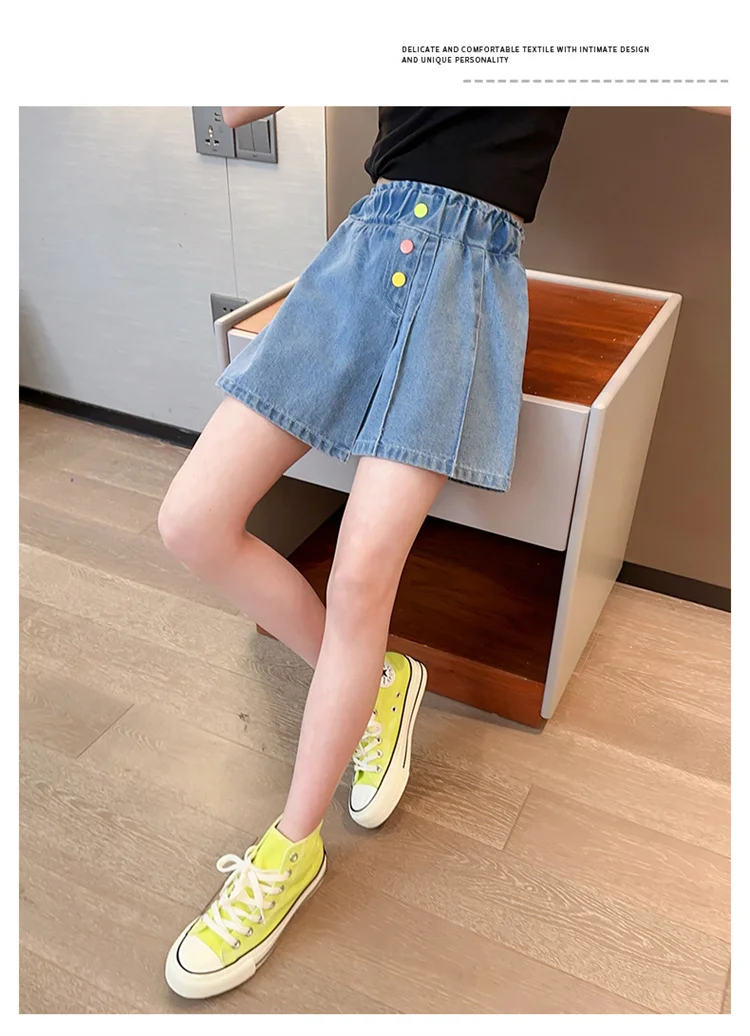 Neue Sommer-Jeansshorts für Kinder, Unterrock für Teenager-Mädchen, Lässiger Rock mit Shorts, Bunte Jeans-Culottes mit Knöpfen für Kinder – Detail 4