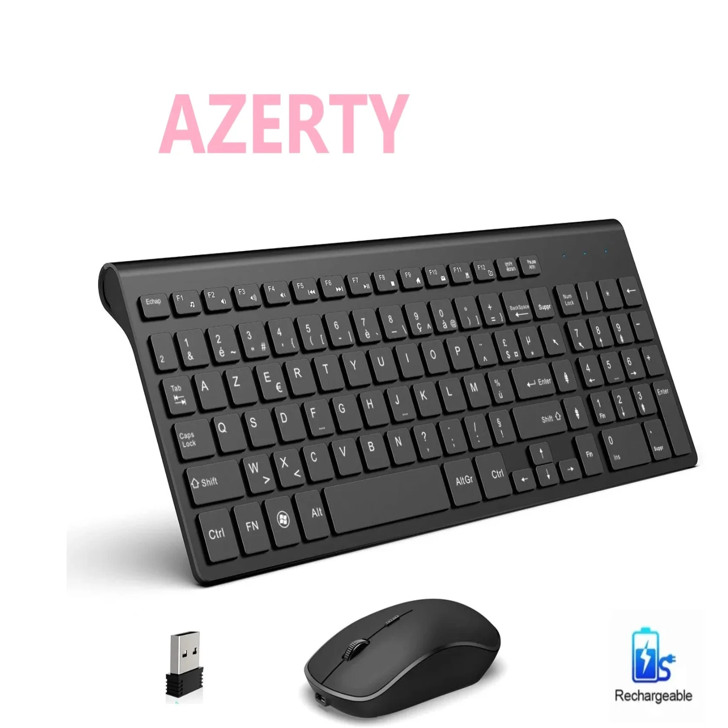 

French Keyboard Wireless Keyboard and Mouse combo,2.4G Rechargeable AZERTY Keyboard Set Ergonomic for Computer PC Laptop TV