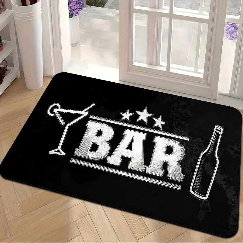 BAR Theme Door Mat - Black Cocktail Beer Bottle Floor Rug, Bar Lover Entry Mat, Non-Slip, Multiple Sizes