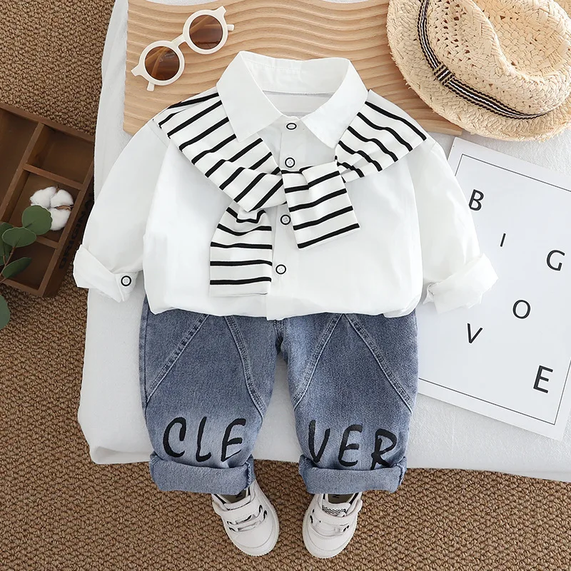 Spring Autumn New Baby Boys Clothing Set Stripe False Two-Piece Shirt+Letter Print Jeans 2Pcs For 1-5 Years Kids Casual Outfit