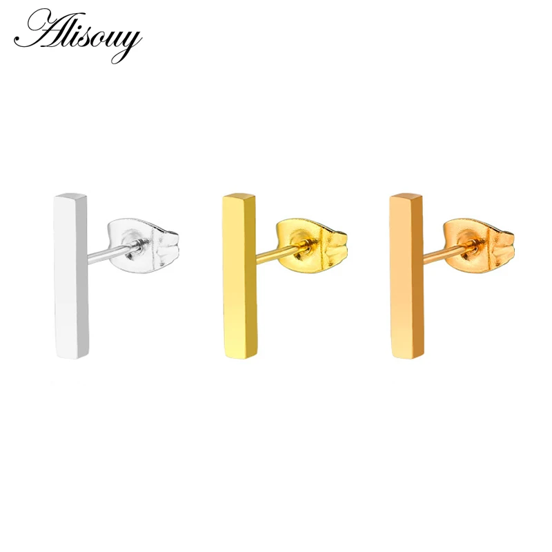 Alisouy 2PC 20g Minimalist Brief Gold Color Rose Gold Color Square Bar Stud Earrings For Women Femme Bijoux 5/10/15mm length bar