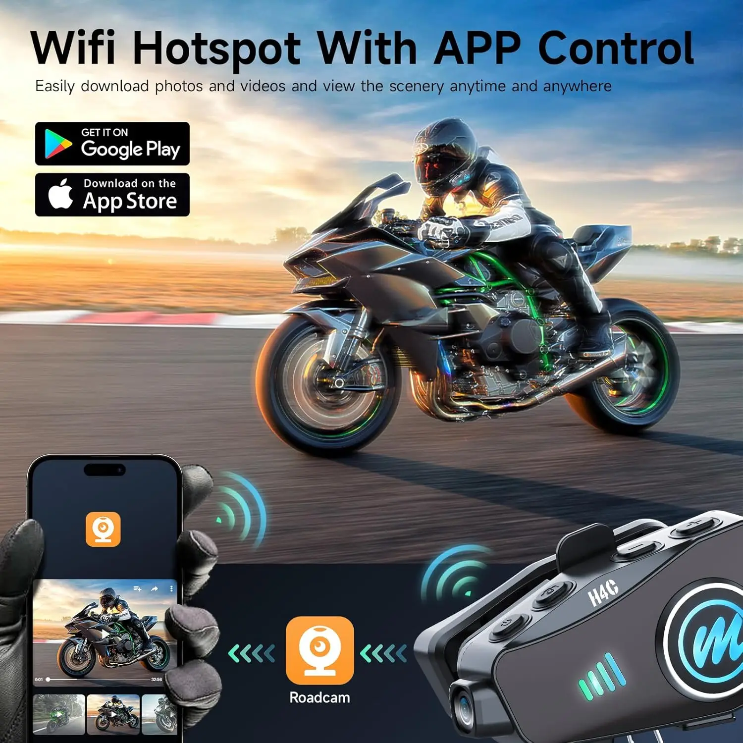 Headset Helm Sepeda Motor Moman H4C dengan Kamera H4C dengan 【Kamera 1080P】120 °   Sudut Lebar 360 °   Rekaman dengan Kartu TF 32G