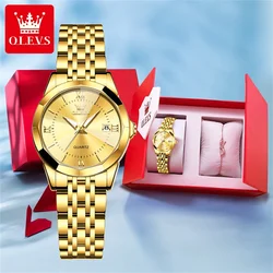 OLEVS Luxury Brand Women's Watches Prismatic Mirror Stainless steel Waterproof Dual Calendar Elegant Quartz Watch for Ladies Set