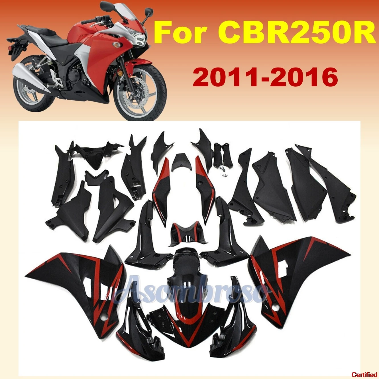 Full fit for CBR250RR  2011 2012 2013 2014 2015 2016 CBR 250R 11 12 13 16 CBR250R Gloss red black Fairing kit Bodywork Shell