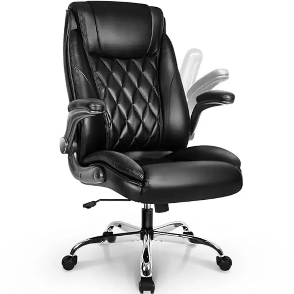 High Back Executive Office Chair Flip-Up Armrests Diamond-Stitched PU Leather Swivel Ergonomic Desk Seat 275lbs Capacity Wood