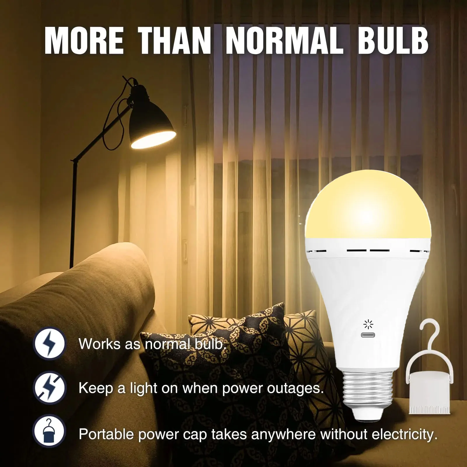 USB-C Rechargeable Emergency Bulb with E27 Socket, Tri-Color Temperature (3000K-6000K), Remote Control, for living room, bedroom
