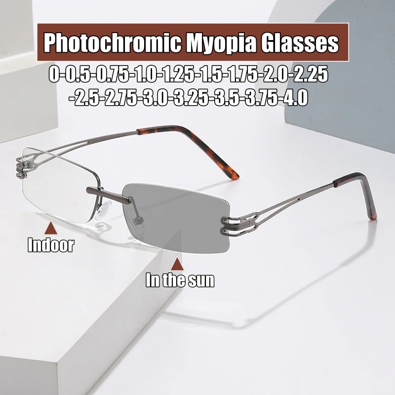 

Women Photochromic Myopia Glasses Fashion Frameless Prescription Lens Outdoor UV Protection Sun Shades Eyewear 0 -1.25 To -6.0