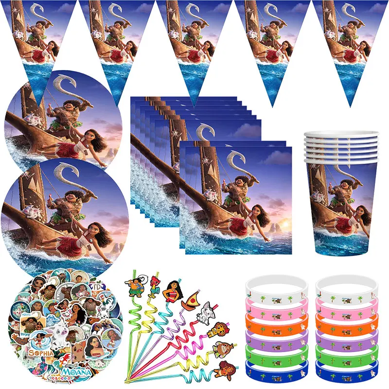 Disney Moana 2 Birthday Party Decorations Tableware Vaiana Birthday Balloons Set Backdrop Plates Cups Straws Necklace For Girls