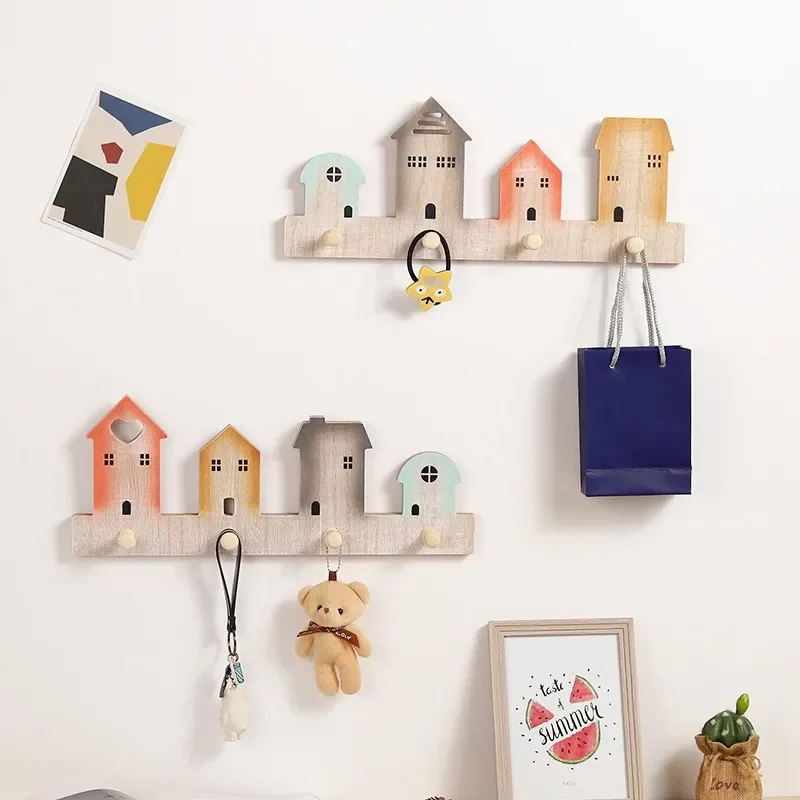 Cartoon Solid Wood Key Storage Holder Rack Indoor Porch Wall Hanging Hat Bag Coat Hanger Home Entrance Decor Decorative Hook