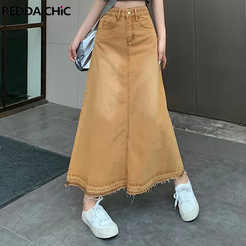 

REDDACHiC Khaki Vintage Y2k Floor Long Jeans Skirt Women Tall Girl Friendly Casual A-line Raw Edge Maxi Denim Skirt Streetwear