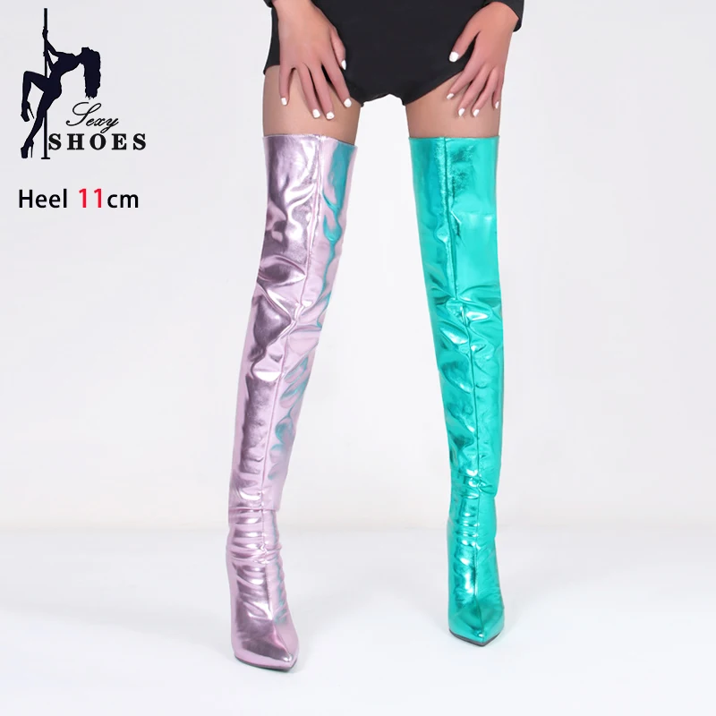 Women Fashion Thigh Boots 11CM Pointed Toe Stiletto Heels Spring And Autumn Ladies Shoes Green Over The Knee Long Boots Size 46