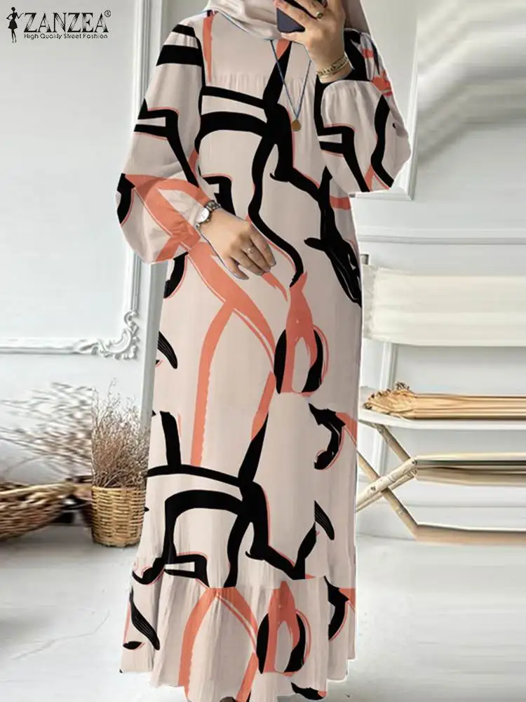 ZANZEA Bohemian Muslim Long Dress Autumn Floral Sundress Fashion Printed Abaya Women Long Sleeve Robe Vestidos Islamic Clothing